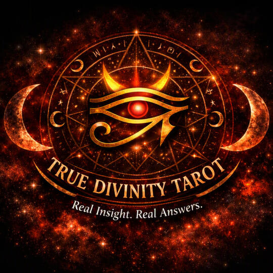 Golden Eye of Horus surrounded by cosmic red nebula, crescent moons, tarot cards, and candles